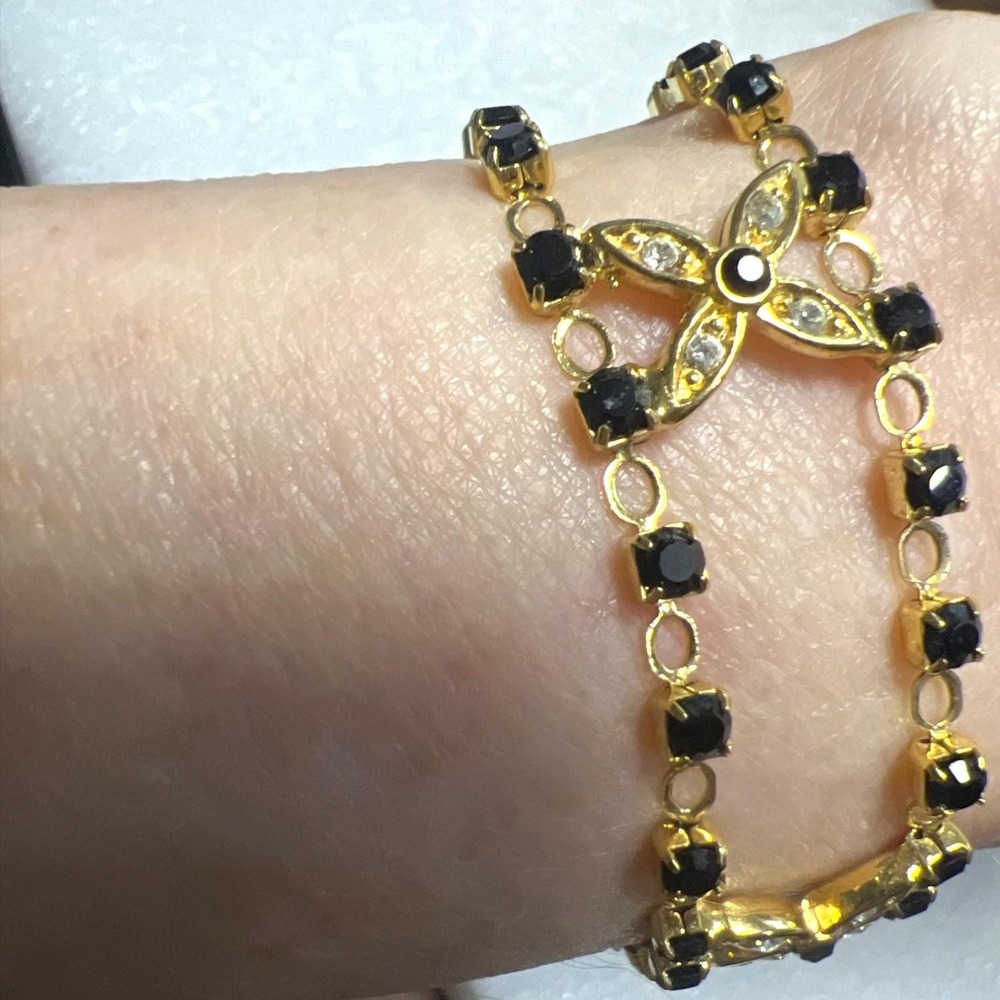 Black & Clear Crystal Bracelet Floral Hugs Double Gold tone Double Chain - 7.25"